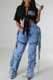 Blue Casual Letter Print Basic V Neck Tops