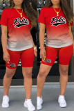 Red Casual Gradual Change Letter Print Basic O Neck Short Sleeve Two Pieces