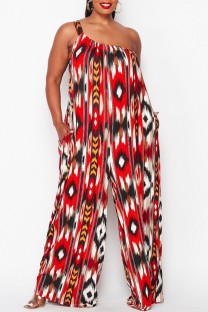 Red Casual Print Backless Oblique Collar Regular Jumpsuits
