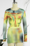 Blue Sexy Casual Street Print Patchwork Cut Out O Neck Long Sleeve Two Pieces