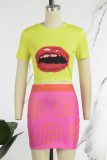 Pink Yellow Sexy Casual Street Lips Printed Patchwork O Neck Short Sleeve Two Pieces