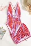 Rose Red Sexy Print Backless Swimwears (With Paddings)