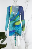 Colour Sexy Casual Street Print Draw String Fold U Neck One Step Skirt Dresses
