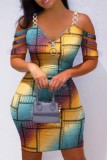 Colour Sexy Print Patchwork Backless V Neck Short Sleeve Dress Dresses