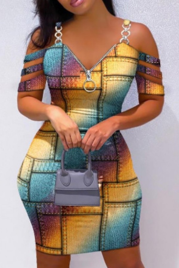 Colour Sexy Print Patchwork Backless V Neck Short Sleeve Dress Dresses