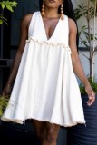 White Casual Solid Patchwork V Neck Sleeveless Dress Dresses