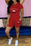 Red Casual Print Basic O Neck Short Sleeve Two Pieces