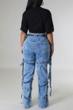 Blue Casual Letter Print Basic V Neck Tops