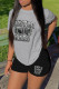 Grey Black Casual Print Basic O Neck Short Sleeve Two Pieces