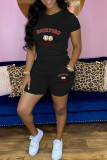 Red Casual Print Basic O Neck Short Sleeve Two Pieces