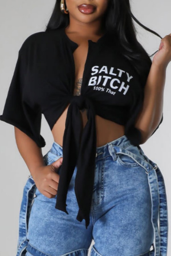 Black Casual Letter Print Basic V Neck Tops