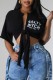Black Casual Letter Print Basic V Neck Tops