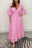 Pink Casual Solid Patchwork V Neck Long Dress Dresses