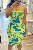 Yellow Sexy Print Backless Strapless Pencil Skirt Dresses