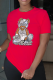 Red Street Cute Print Patchwork O Neck T-Shirts