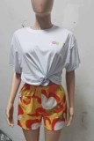 White Street Print Letter O Neck Short Sleeve Two Pieces