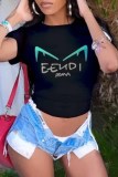 Black Casual Print Letter O Neck T-Shirts