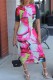 Rose Red Casual Print Basic O Neck Short Sleeve Dress