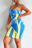 Blue Sexy Print Backless Spaghetti Strap Sleeveless Dress Dresses