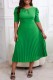 Green Casual Solid Pleated O Neck Short Sleeve Dress