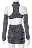 Grey Sexy Solid Ripped Hollowed Out Patchwork Half A Turtleneck Wrapped Skirt Dresses
