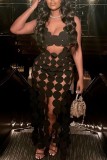 Black Sexy Solid Tassel Hollowed Out See-through U Neck Vest Dress Dresses