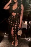 Black Sexy Solid Tassel Hollowed Out See-through U Neck Vest Dress Dresses