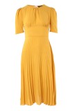 Yellow Casual Solid Pleated O Neck Short Sleeve Dress