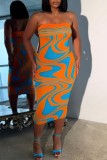 Yellow Sexy Print Backless Strapless Pencil Skirt Dresses