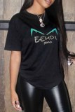 Black Casual Print Letter O Neck T-Shirts