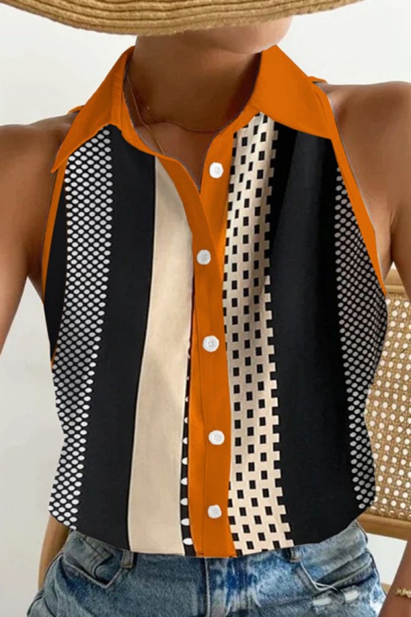 Orange Casual Print Solid Patchwork Shirt Collar Tops