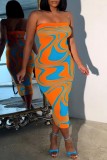 Yellow Sexy Print Backless Strapless Pencil Skirt Dresses