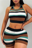 Colour Casual Striped Patchwork U Neck Sleeveless Two Pieces