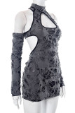 Grey Sexy Solid Ripped Hollowed Out Patchwork Half A Turtleneck Wrapped Skirt Dresses