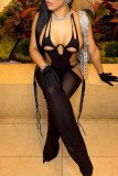 Black Sexy Solid Bandage Hollowed Out See-through Backless Halter Sleeveless Two Pieces