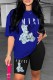 Blue Casual Print Letter O Neck Short Sleeve Two Pieces