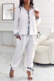 White Casual Print Patchwork Turndown Collar Long Sleeve Two Pieces