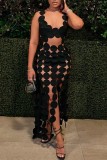 Black Sexy Solid Tassel Hollowed Out See-through U Neck Vest Dress Dresses