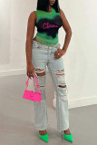 Green Street Letter Tie Dye Patchwork Mesh O Neck Tops