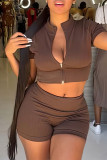 Coffee Casual Solid Patchwork Zipper Zipper Collar Short Sleeve Two Pieces