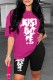 Rose Red Casual Print Letter O Neck Short Sleeve Two Pieces