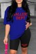 Blue Casual Print Letter O Neck Short Sleeve Two Pieces