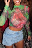 Green Casual Print Basic O Neck T-Shirts
