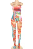 Red Sexy Casual Print Backless Strapless Sleeveless Two Pieces
