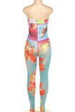 Red Sexy Casual Print Backless Strapless Sleeveless Two Pieces