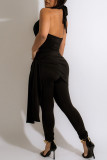 White Sexy Solid Patchwork See-through Zipper Halter Sleeveless Two Pieces