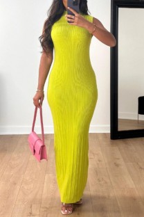 Yellow Casual Solid Basic Turtleneck Long Dress Dresses