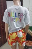 White Street Print Letter O Neck Short Sleeve Two Pieces