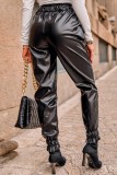 Black Casual Solid Patchwork High Waist Conventional Solid Color Trousers