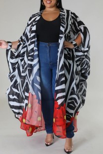 Stripe Casual Print Cardigan Plus Size Two Pieces